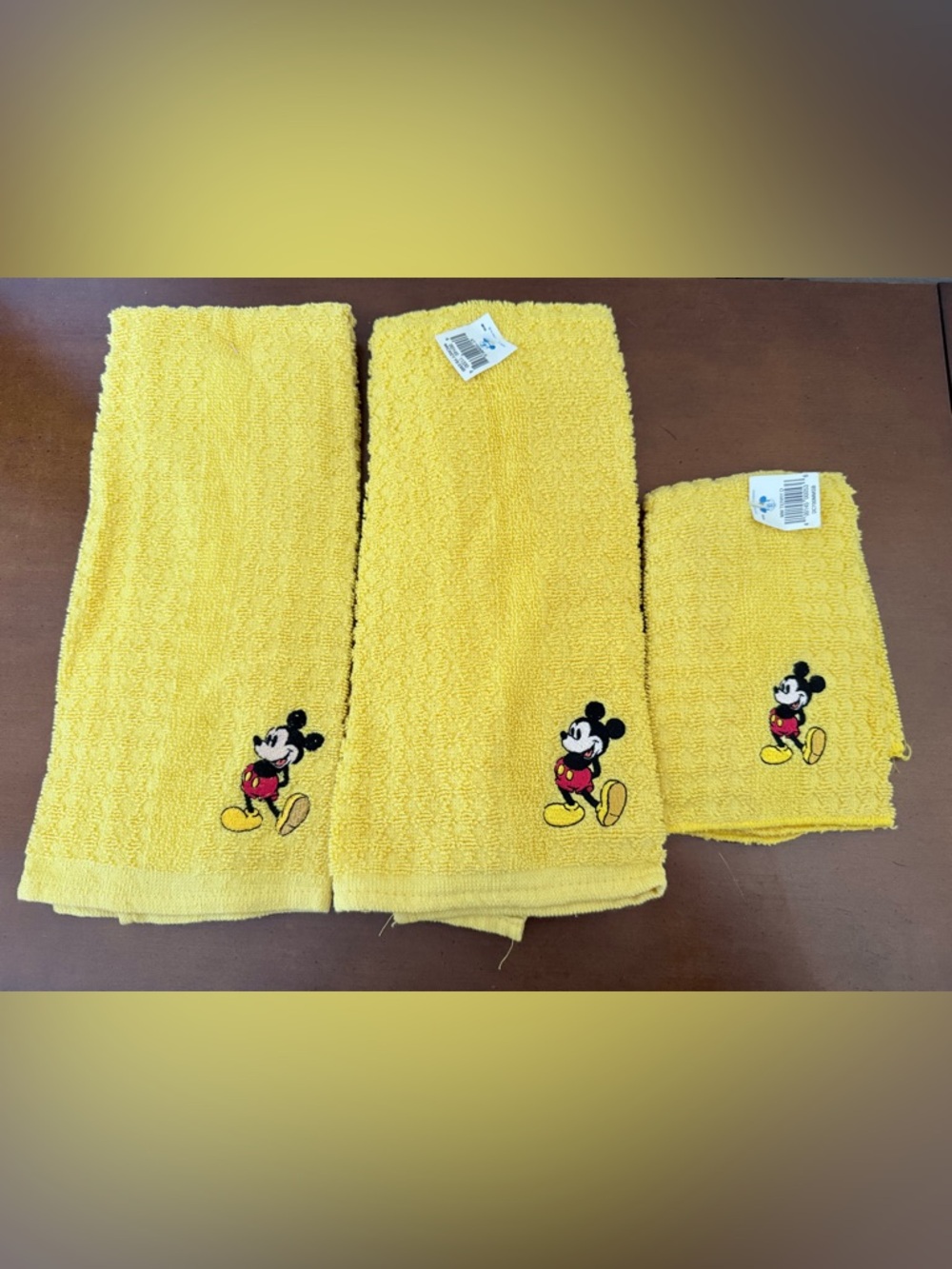 NOS Walt Disney Mickey Mouse Yellow Hand Tea Towels Textured Embroidered Set 3